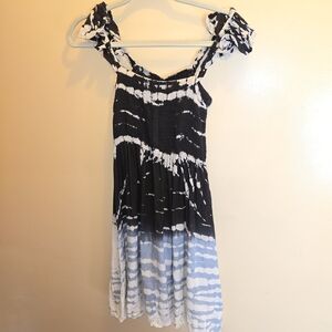 Kiwi + Punch Black and White Tie-Dye Mini Dress Flutter Sleeves Smocking Detail